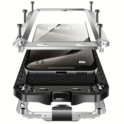 Premium Metal Doom Armor Case - 360° Shockproof Full Body Protective Cover - iPhone 15 (Silver)