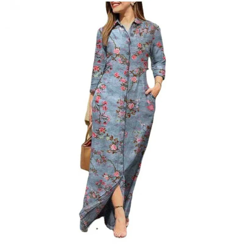 Women's Long Sleeve Button Shirt Dress, Leisure Positioning Print, Retro Pocket, Polo Collar, Elegant Fashion, Autumn, Winter