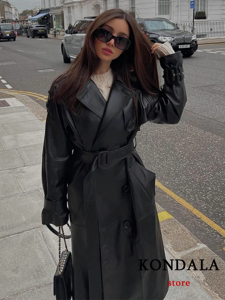 

KONDALA Vintage Solid Black Y2K Leather Long Women Coats Belt Long Sleeve Cool Streetwear Outwear Fashion 2022 Vintage Jackets