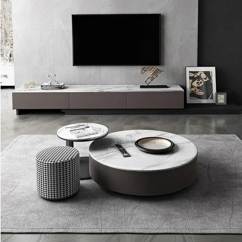 

Italian Style Rock Slab Round Coffee Table Extendable TV Cabinet Combination Family Used Small Side Table With Wooden Drawers