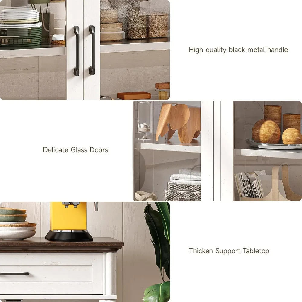 buffet cabinet with storage, 60" sideboard cabinet with 4 glass doors and 2 drawers, modern storage console with adjustable shel