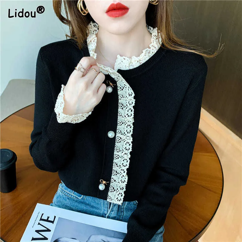

Korean Fashion Mock Neck Lace Sweaters Bright Colors Loose-fitting Thin Pullovers Single Breasted Women's Clothing Spring Autumn