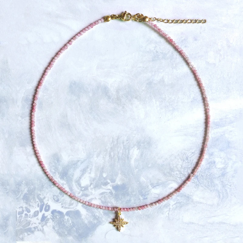 

2mm Rose Quartz Round Pink Crystal Beaded Necklace Exquisite Charm Inlaid Zircon Star Pendant Jewelry Valentine's Day gift