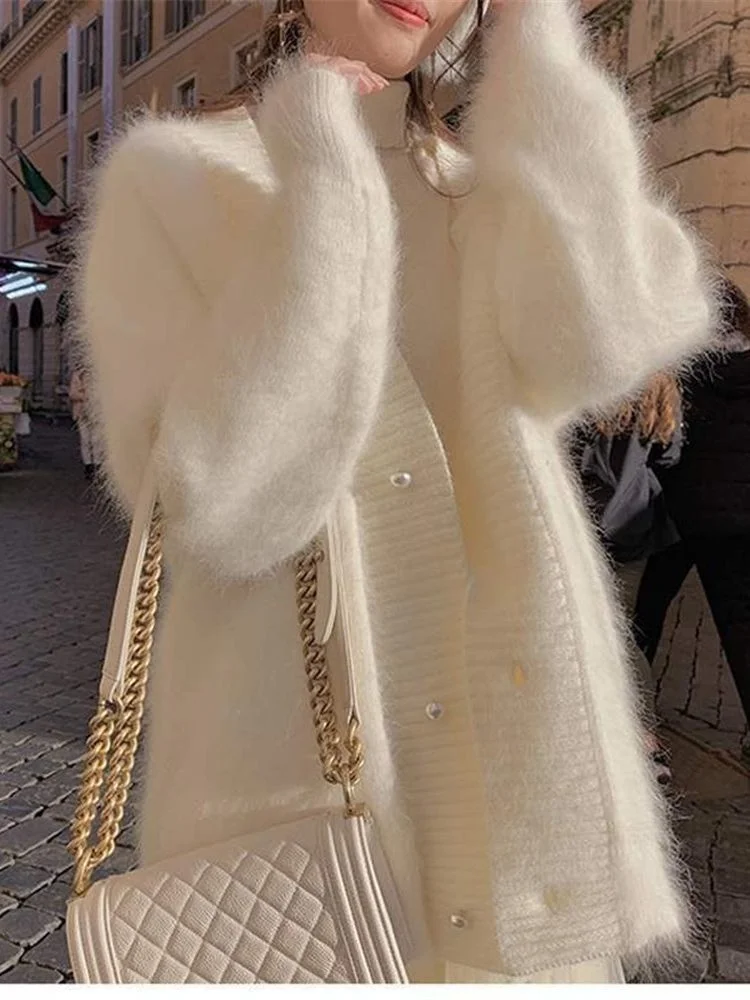

High quality women's mink cashmere cardigan sweater coat Korean autumn fashion V-neck knitted mohair thick loose sweater coat