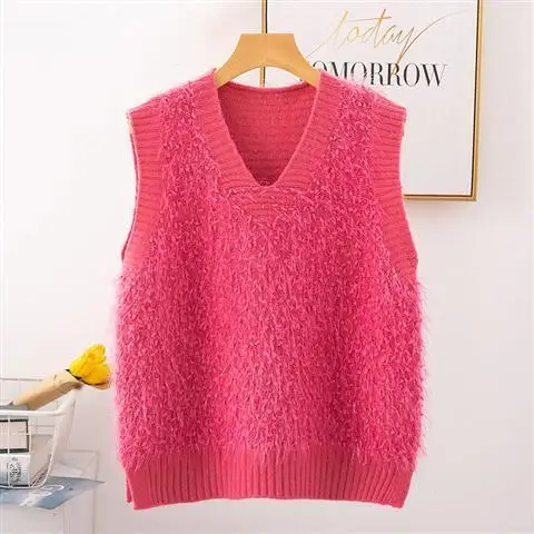 

Rose RU Korean Spring Fall Fur Furry Plush V-neck Knit Sleeveless Sweater Vest Loose Coat Outcoat Lady Top Cloth for Women girl