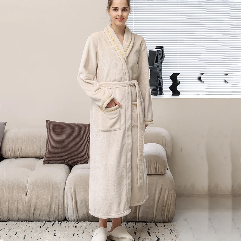 Autumn Winter warm thick extended nightgown women's bath pajamas Flannel Women's bathrobe couple coral velvet homewear long