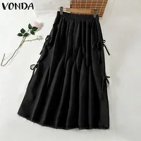 VONDA Plus Size 5XL Women Elegant Bow Maxi Skirts Fashion High Waist Pleated Ruffled Long Skirts Elastic Waist Jupes Faldas Saia - Image 5