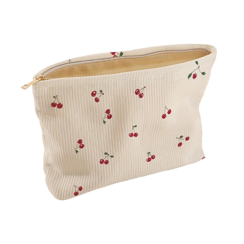 Cherry printed corduroy makeup bag, lightweight zipper makeup storage box, multifunctional bag with lining