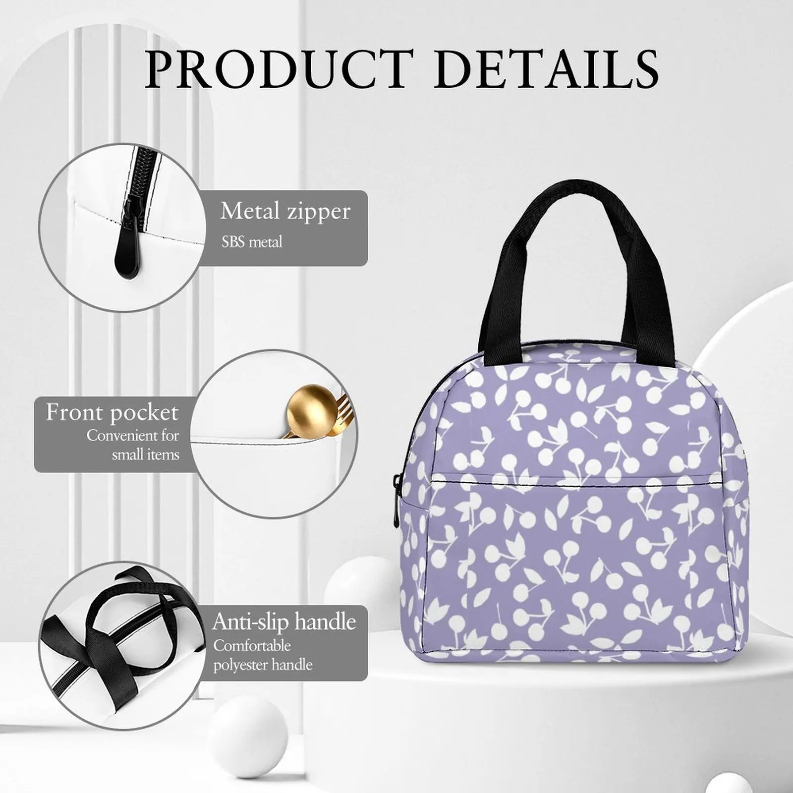 Custom Pattern Tote Lunch Bags for Women Cherry Printed Purple Portable Lunch Bag Picnic Travel Breakfast Box Office Work School