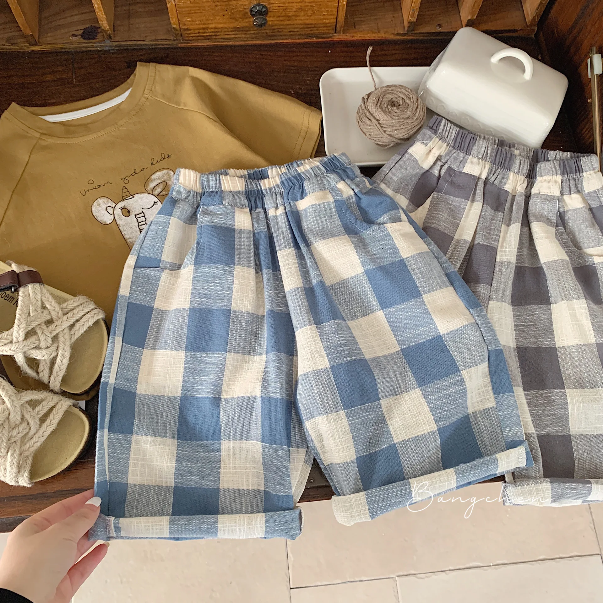 

2024 Summer Boys Casual Thin Cotton Plaid Knee Length Pant Baby Kids Children 1/2 Length Trousers