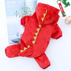 Cozy Dinosaur Fleece Dog Jumpsuit - Winter Warm Pet Hoodie Coat - XS 0-1.2KG (Red)