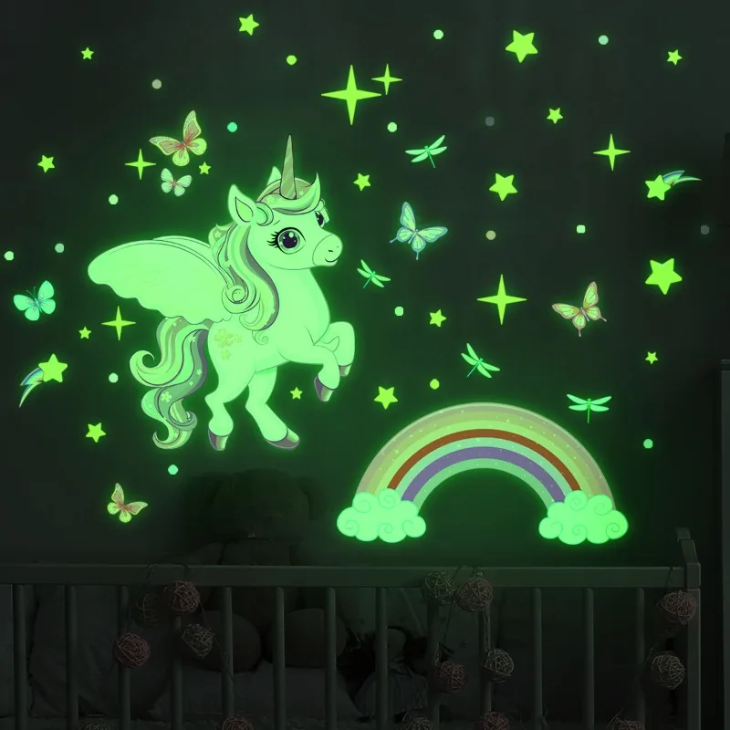 Cartoon Rainbow Cloud Unicorn Glow Wall Stickers Cute Decoration for Bedroom Girls Gift Home Decor Living Room Wall Decals