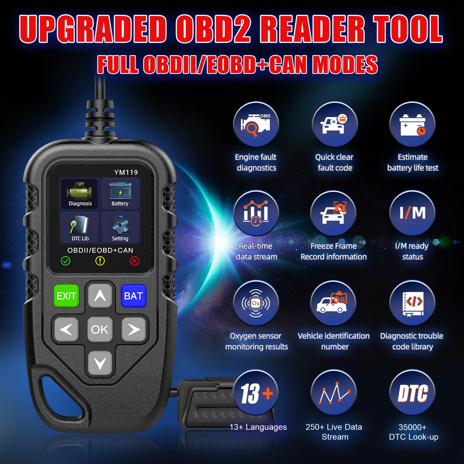 Appareil Diagnostic OBD2 T200 | Lecteur Codes Erreur Voiture | 9 Modes, 13 Langues | Pour Véhicules Après 1996