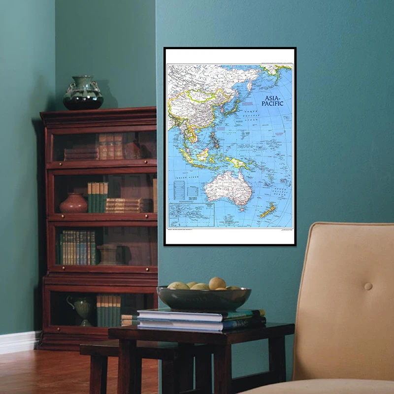 24x36 inches Fine Canvas Hanging Wall Art Painting Printed Map of Asia Pacific For Home Office Decor
