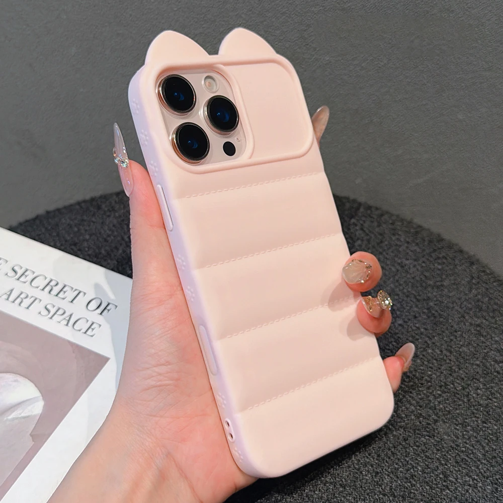 Adorable 3D Cat Ears Soft Phone Case with Down Jacket Shockproof Back Cover