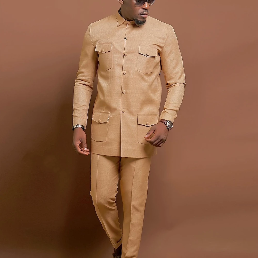 New Men's Wedding Dress Single-breasted Suit Two-piece Suit Shirt Solid Color Iong Sleeve Social African National Style Clothing