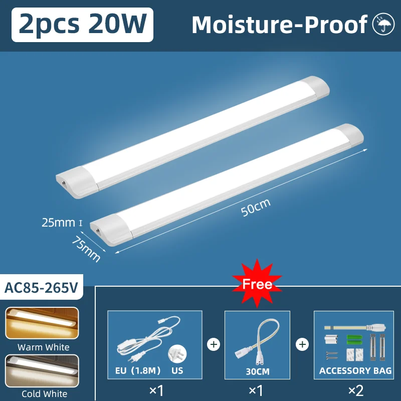thumbnail image 1 of Tubo de luz LED a prueba de humedad de 50/30 cm, luces de cocina de 20 W, 10 W, 6 W, iluminación de gabinetes, cocina, baño, dormitorio, accesorio de tubo de 220 V, 110 V, 1 of 5