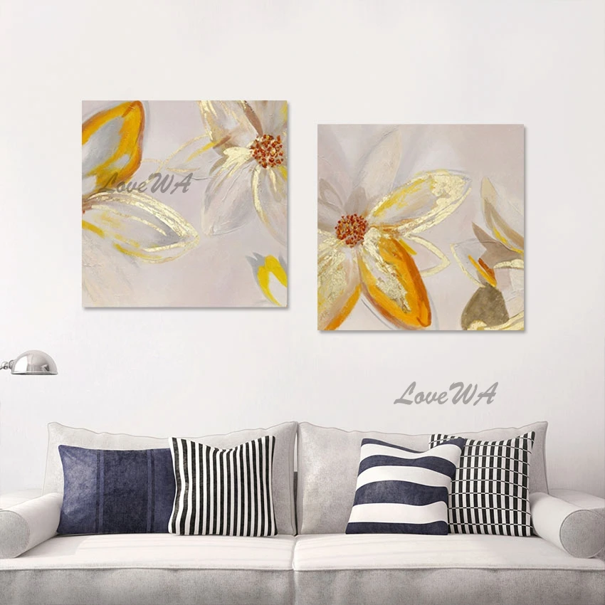 

Modern 2 Panel Canvas Wall Art Gold Foil New Abstract Flower Oil Painting Quality Artwork Home Decoration Items No Framed