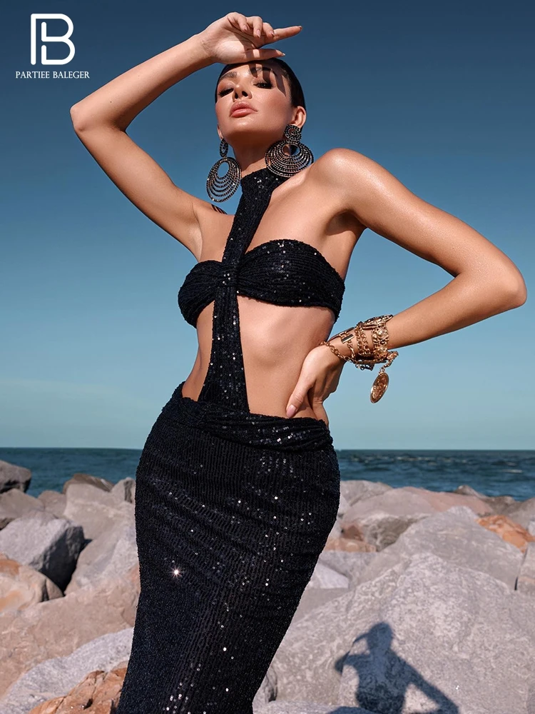 

PB Dresses For Women 2023 Sexy Hollow Out Design Black Sequins Halter Sleeveless Cocktail Evening Party Bodycon Maxi Vestios
