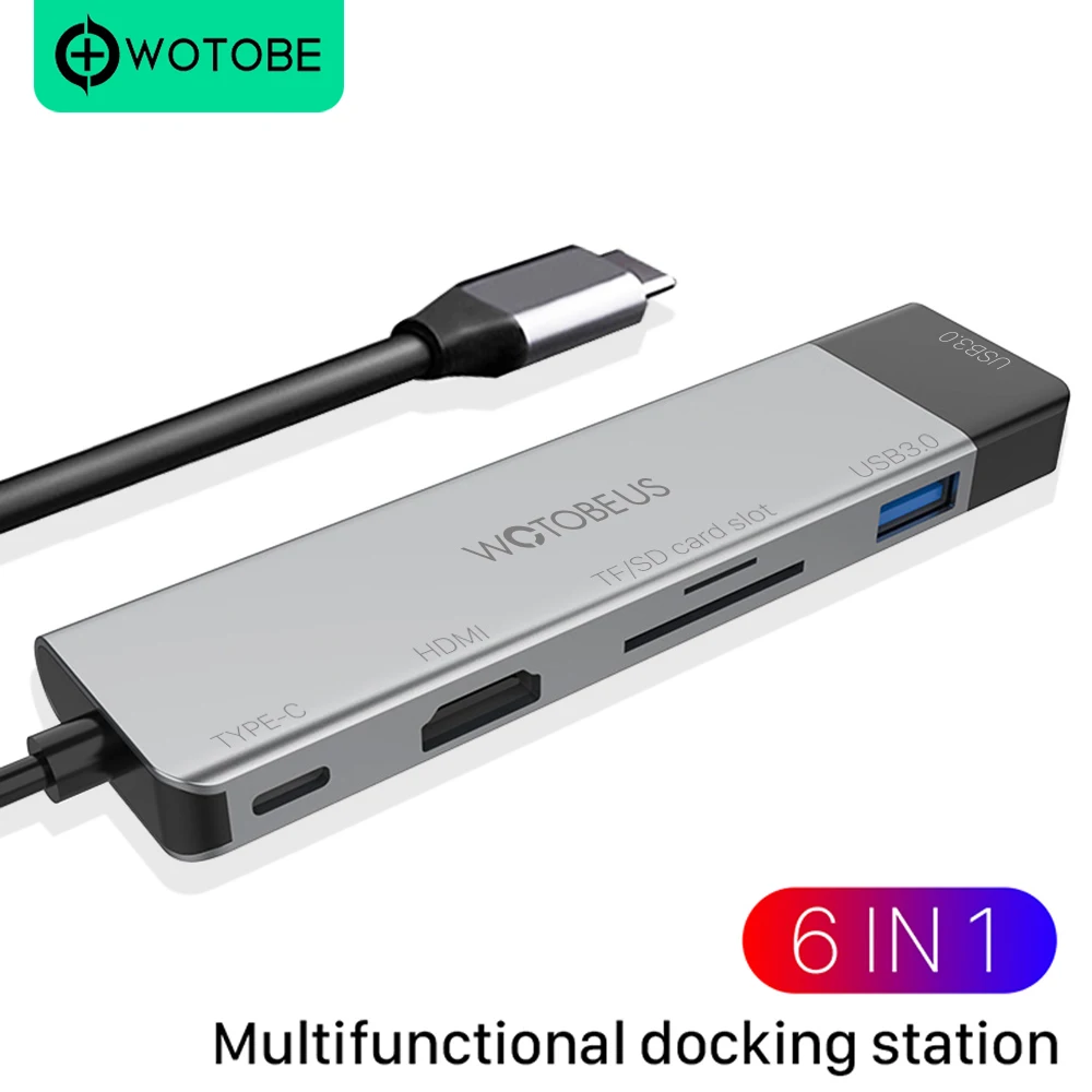 WOTOBE 6-in-1 USB Type C HUB Docking Station to HDMI Compatible USB 3.0 Type-C Adapter HUB For MacBook Samsung Huawei