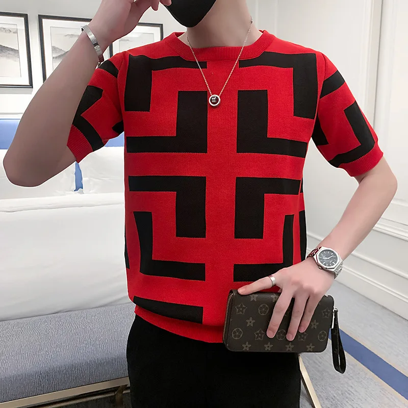 

Spring Summer Men's Short Sleeve Knitwear Round Neck Geometric Jacquard Knit T-shirt Handsome Slim Fit Casual Bottoming Shirt