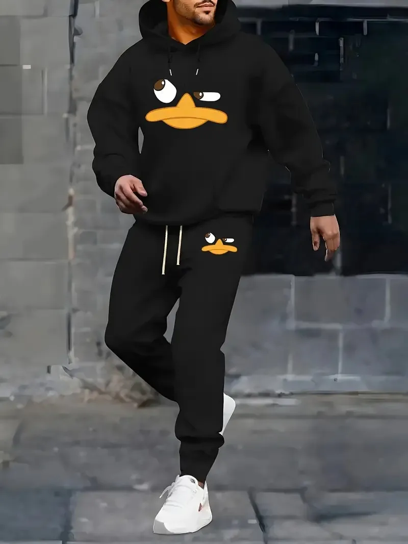 Men’s autumn 3D duck print hoodie and sweatpants outdoor sports set 04