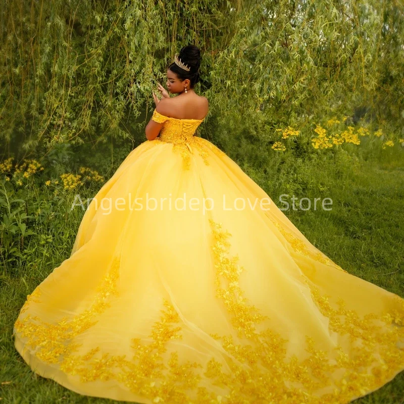Angelsbride Shiny Yellow Ball Gown Quinceanera Dresses Appliques Evening Beading Dress Vestido De 15 Quincea&ntilde;era