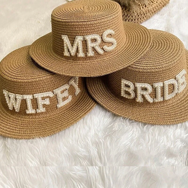 

Соломенная шляпа для невесты MRS WIFEY, летняя пляжная шляпа для медового месяца, свадебный головной убор для невесты, девичник, аксессуары для девичника, подарок