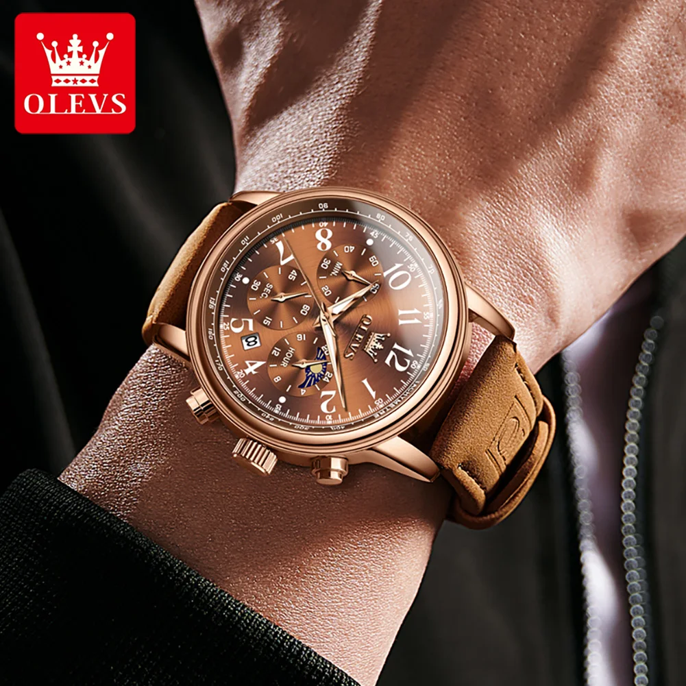 OLEVS New Brown Quartz Watch for Men Sports Leather Waterproof Luminous Classic Mens Watches Top Brand Luxury Wristwatch Reloj