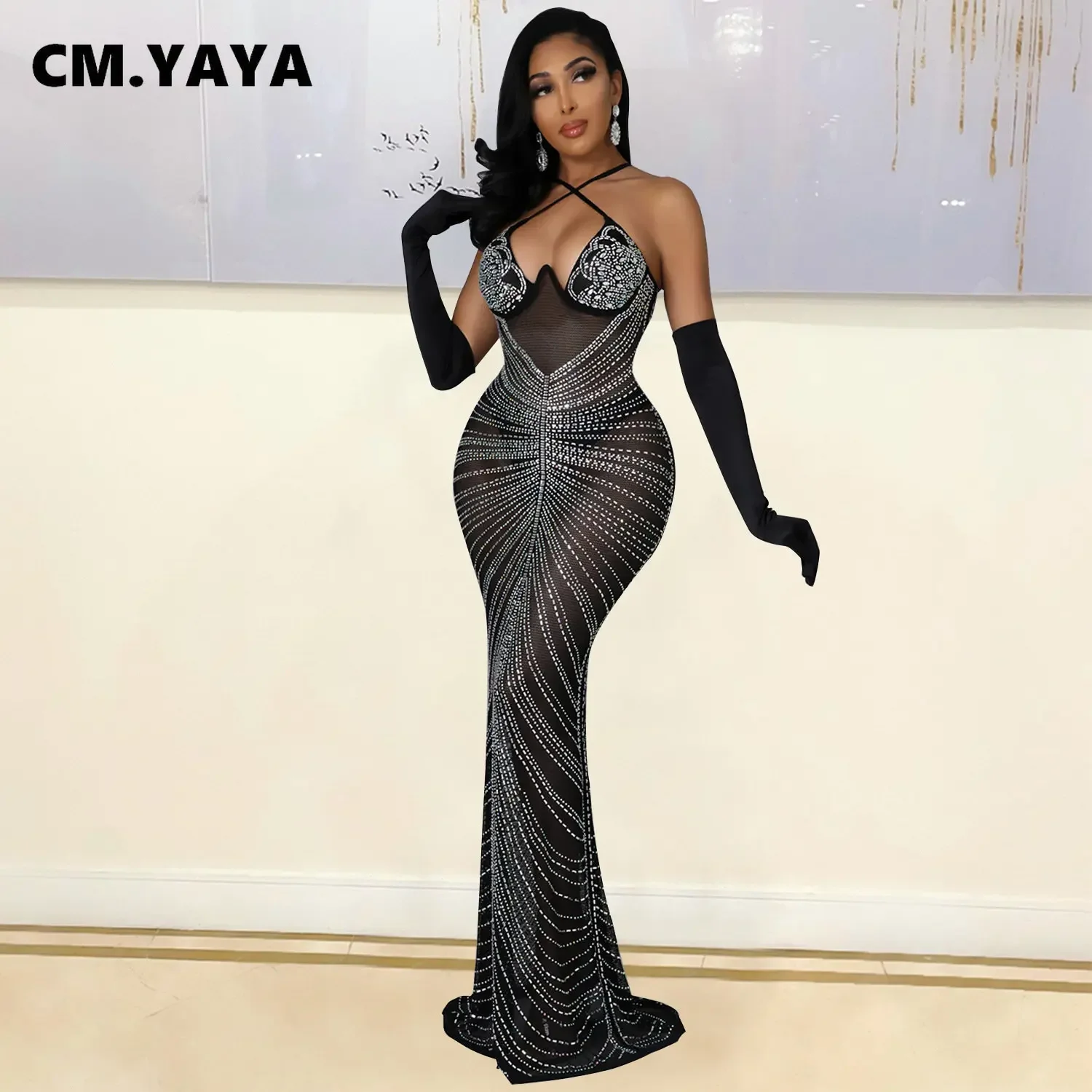 chinese dress ladies Harva Off Shoulder Diamond Mesh Maxi Dress  Mew Mews