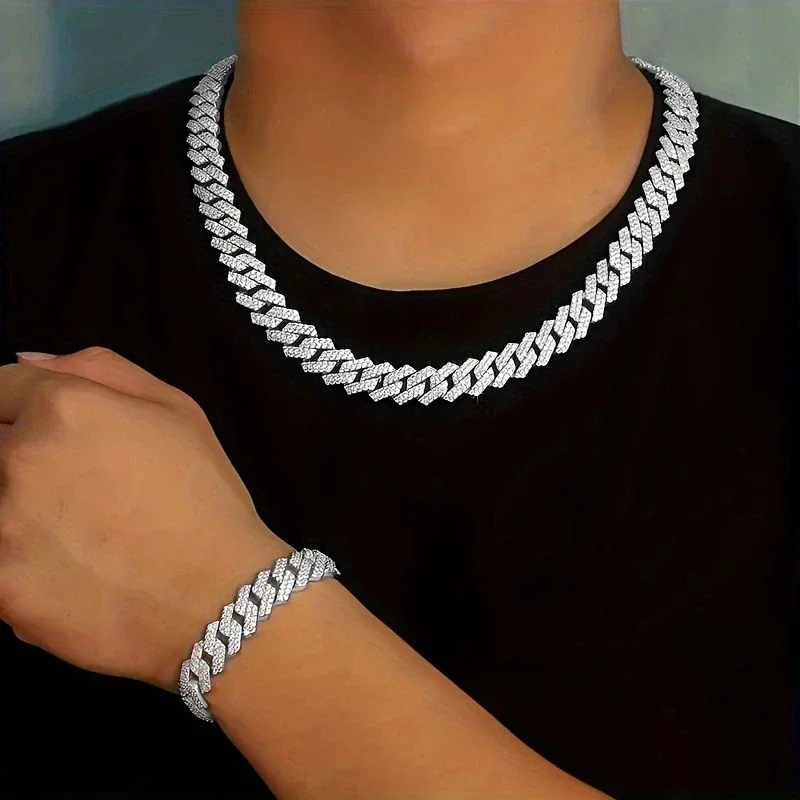 Chain Bracelet Men's Cuban Bracelet Accessory Set Miami Hip Hop Rap Sparkly Zircon Cuban Chain