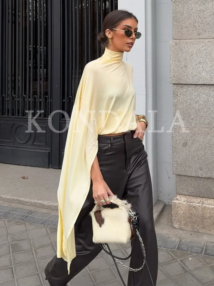 KONDALA Elegante hochgeschlossene asymmetrische Oberteile für Damen – Gelbe High-Street-Tops, Neu 2026 Sommermode, Romantische Urlaubs-Damenoberteile – Detail 3