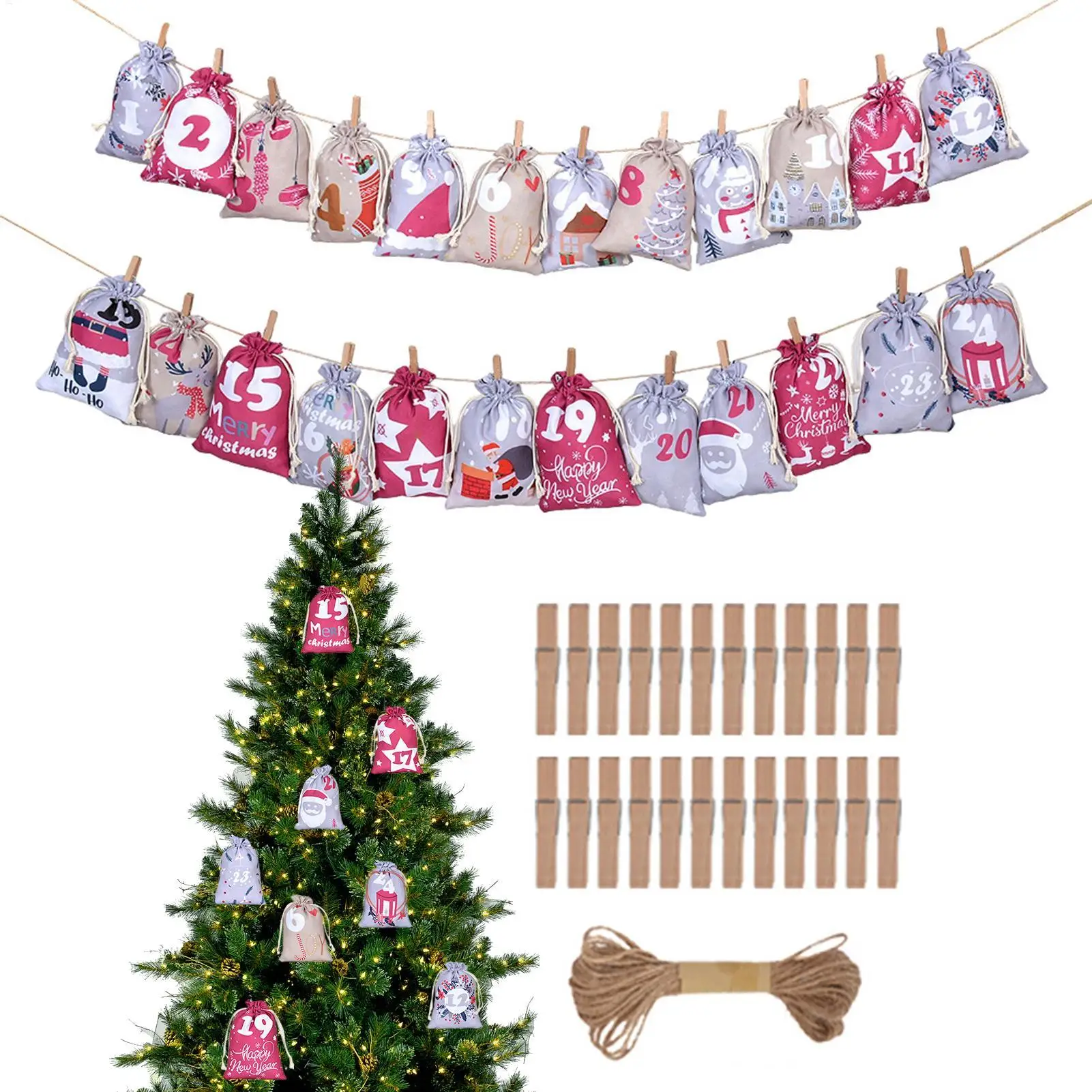 24Pcs Christmas Advent Calendar Bags Cartoon Drawstring Gift Bags Holiday Countdown Drawstring Pouches for Candy Snacks Toys