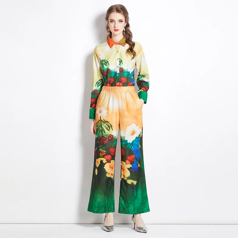 2023 New runway show with European and American style printed shirt, wide leg pants set, women's autumn trend american runway книга