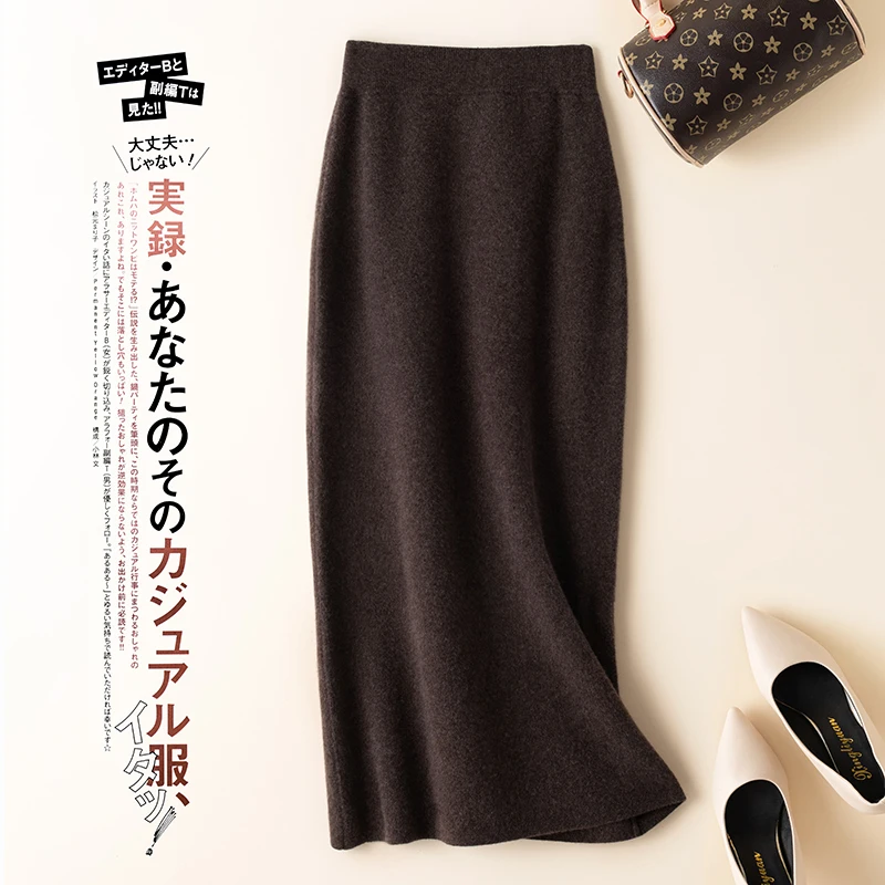 100% pure wool skirt new women's autumn and winter mid-length high-waisted thin cashmere skirt knitted all-match hip skirt - Image 4