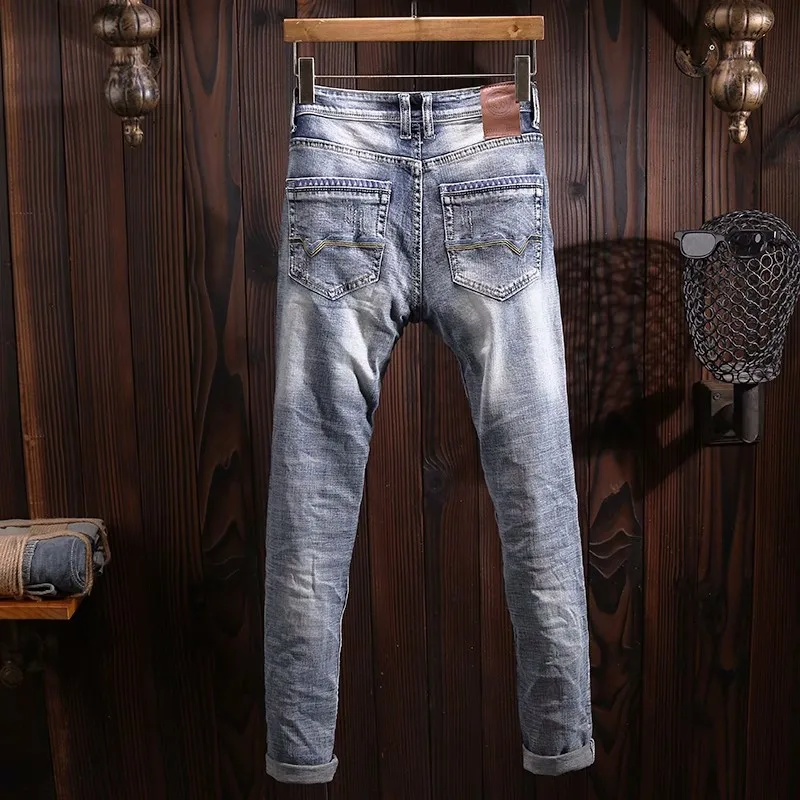 Italian Style Fashion Men Jeans Retro Blue Elastic Slim Fit Ripped Jeans Men Vintage Trousers Casual Designer Denim Pants Hombre
