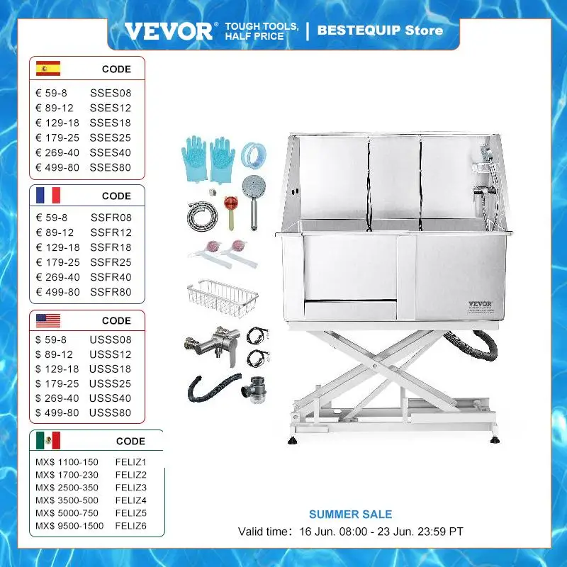 

VEVOR 50" Pet Dog Grooming Tub Electric Height Adjustment Stainless Steel Bathing Station Bathtub for Multiple Pets Washing Sink