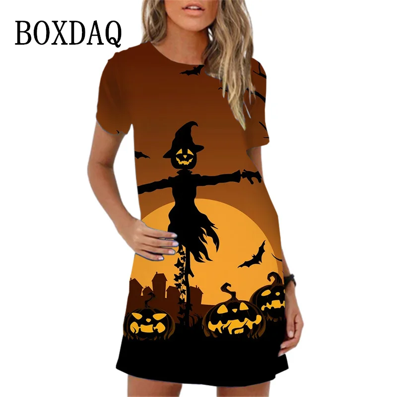 chinese dress ladies Fantastic Women's Halloween Dress with Pumpkin Print / Ladies Clothes with Long Sleeve