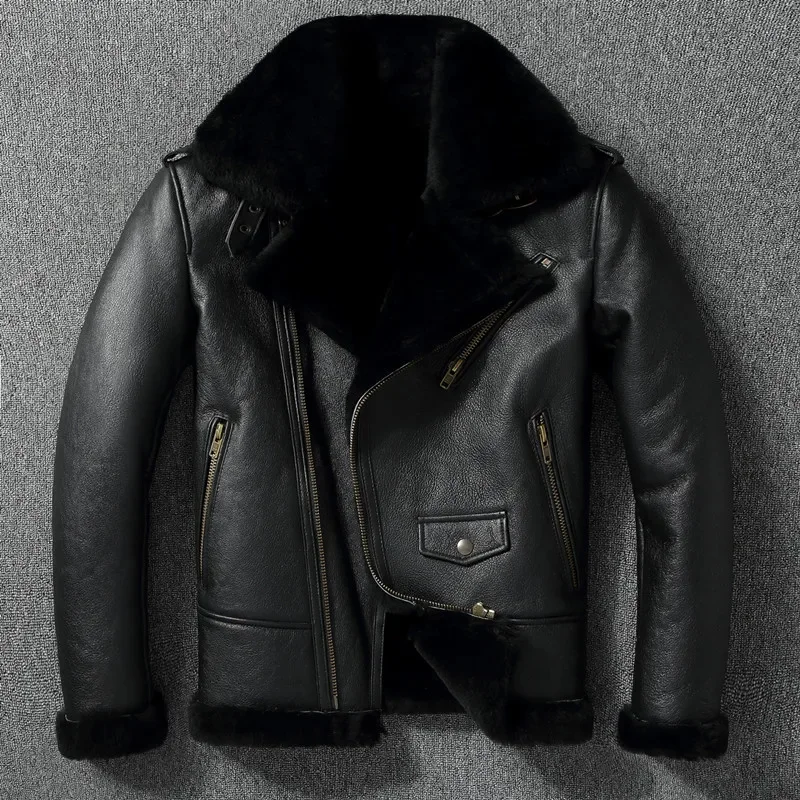 Free shipping.Меха Super Men cool moto genuine leather jacket.winter warm 100% real fur coat.Rider Thick wool wear.shearling