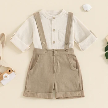 MISOWMNJOY Baby Boys Romper Overalls Outfits Summer Newborn Clothes Short Sleeve Button Up Bodysuits Suspender Shorts Kids Sets 1