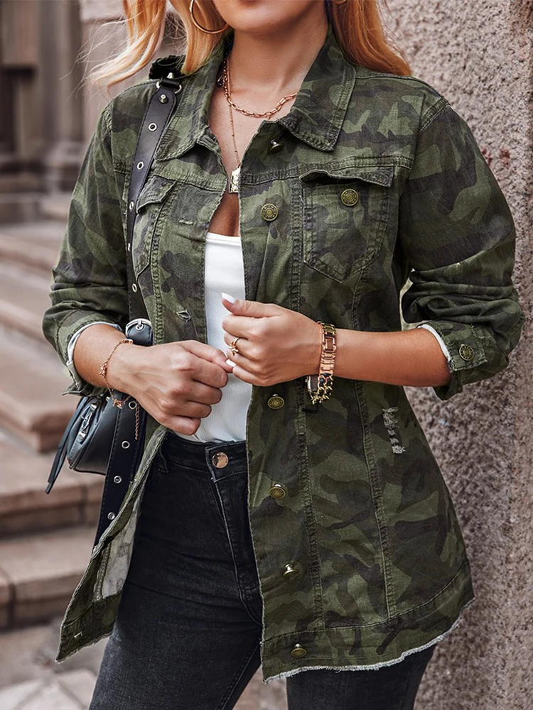 

All-match Coat Women Korean Fashion 2023 Fall Camouflage Print Buttoned Pocket Design Jacket Casual Jacket