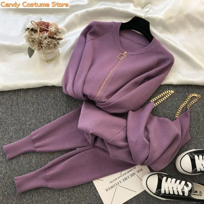 New Autumnwomen Tracksuit Clothes Set and Winter Knitted Zipper Cardigans + Camisole + Pants 3Pcs Fashion Suit