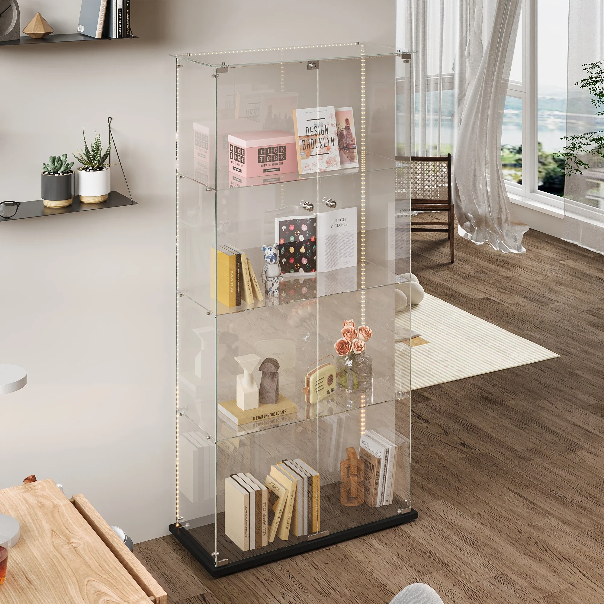 Rosahqnda Glasvitrine mit LED, Schrank zum Sammeln mit 2 Türen, 4 Regalen, transparente Möbelvitrine – Detail 10
