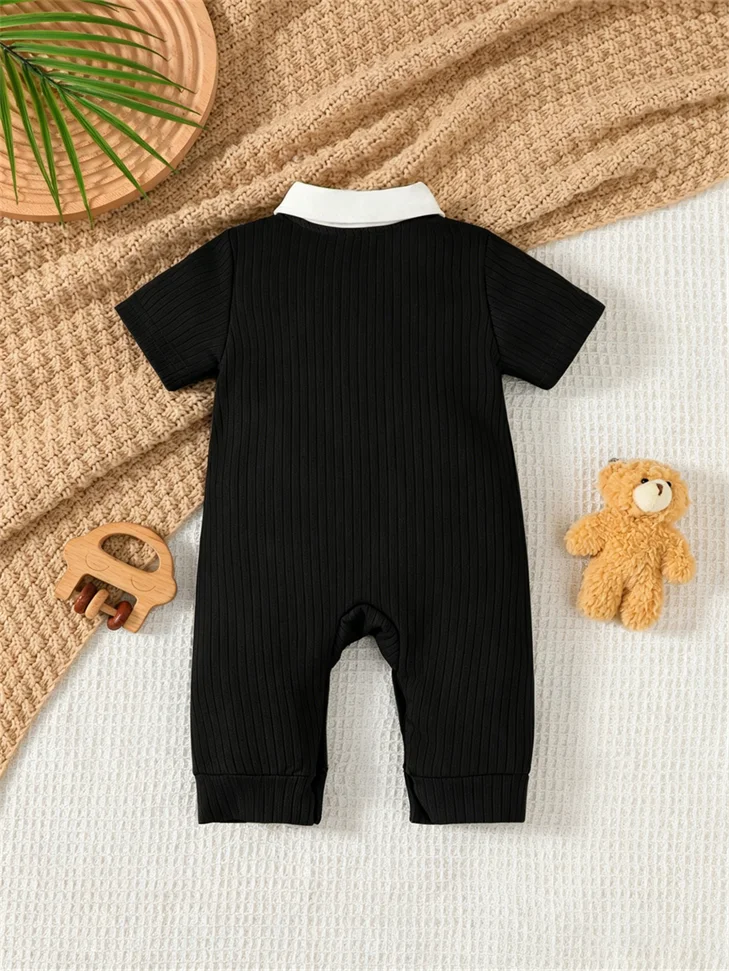Fashion Summer Newborn Baby Boy Formal Romper Short Sleeve Jumpsuit+Collar Bow Tie&Bear Gentleman Style Outfit for 0-18 Months 2