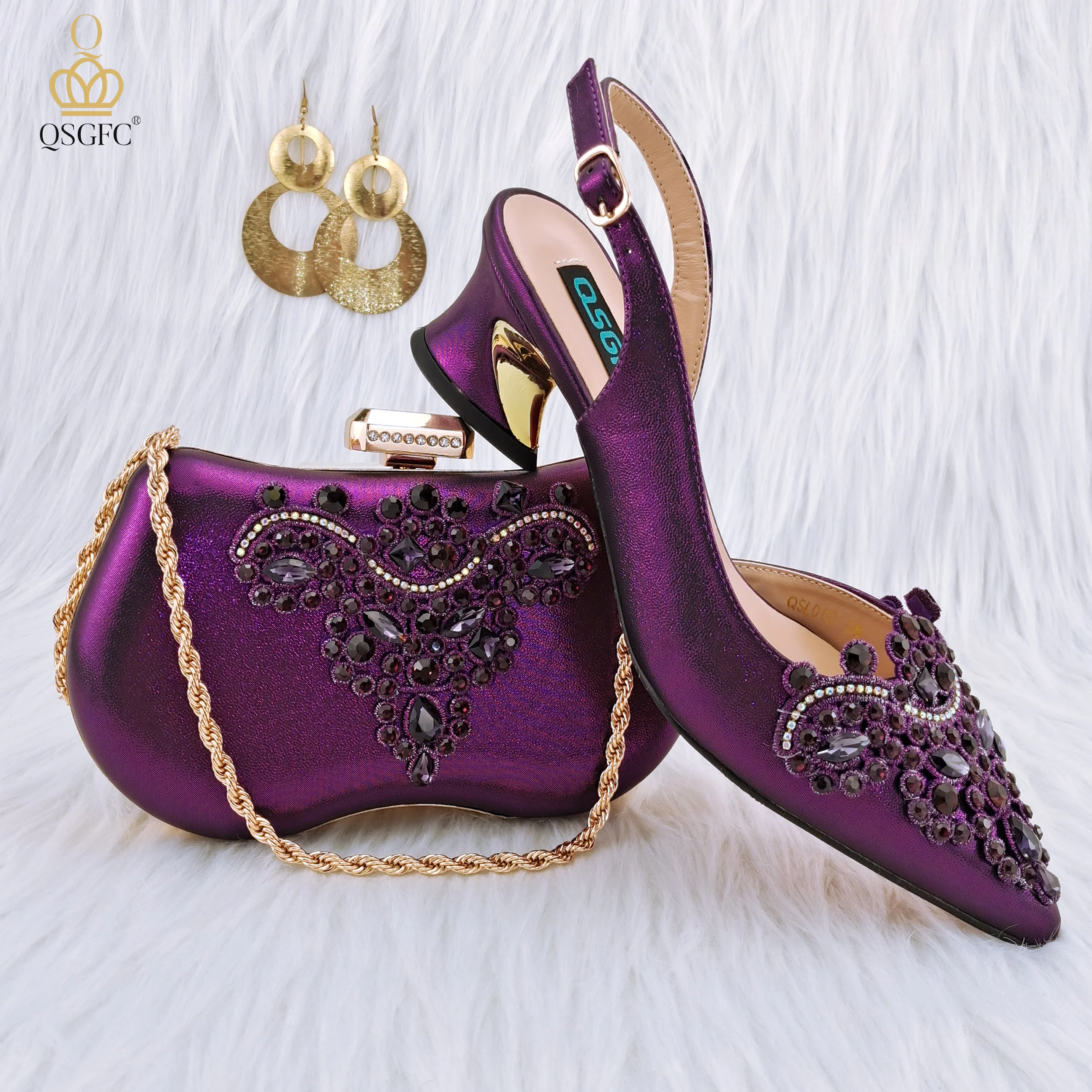 QSGFC Low-key Subdued Purple PU Fabric Pointed Toe High Heels Daily Wearable Party Ladies Shoes And Handbags