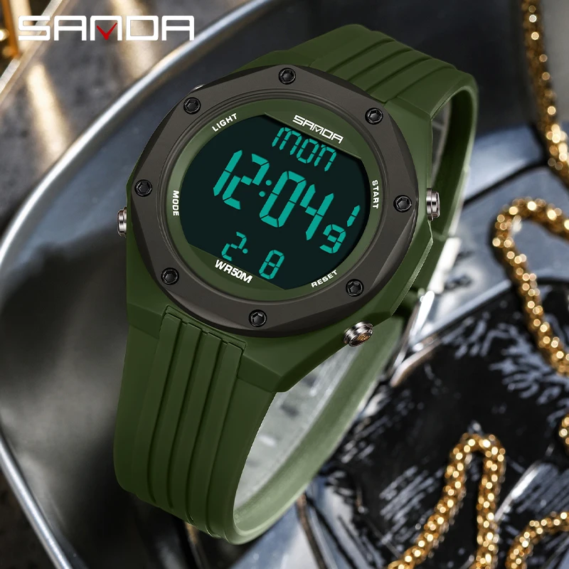 SANDA Men Outdoor Sports Multifunctional Electronic Watch LED Digital Display Military Watches 5ATM Waterproof Timer Alarm Clock hot sale new mini car digital clock thermometer voltmeter 3 in 1 led display digital timer voltmeter interior electronic accesso