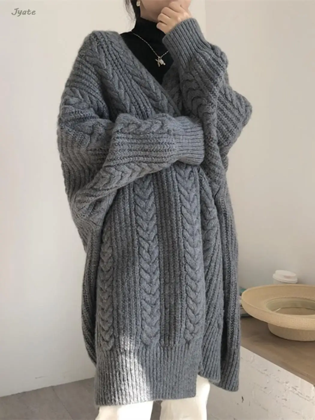 

Autumn Winter Vintage Knitted Sweater Cardigan Thickened Warm Midi Knitwear Jacket Casual Solid Fall Women's Coat Stretchy