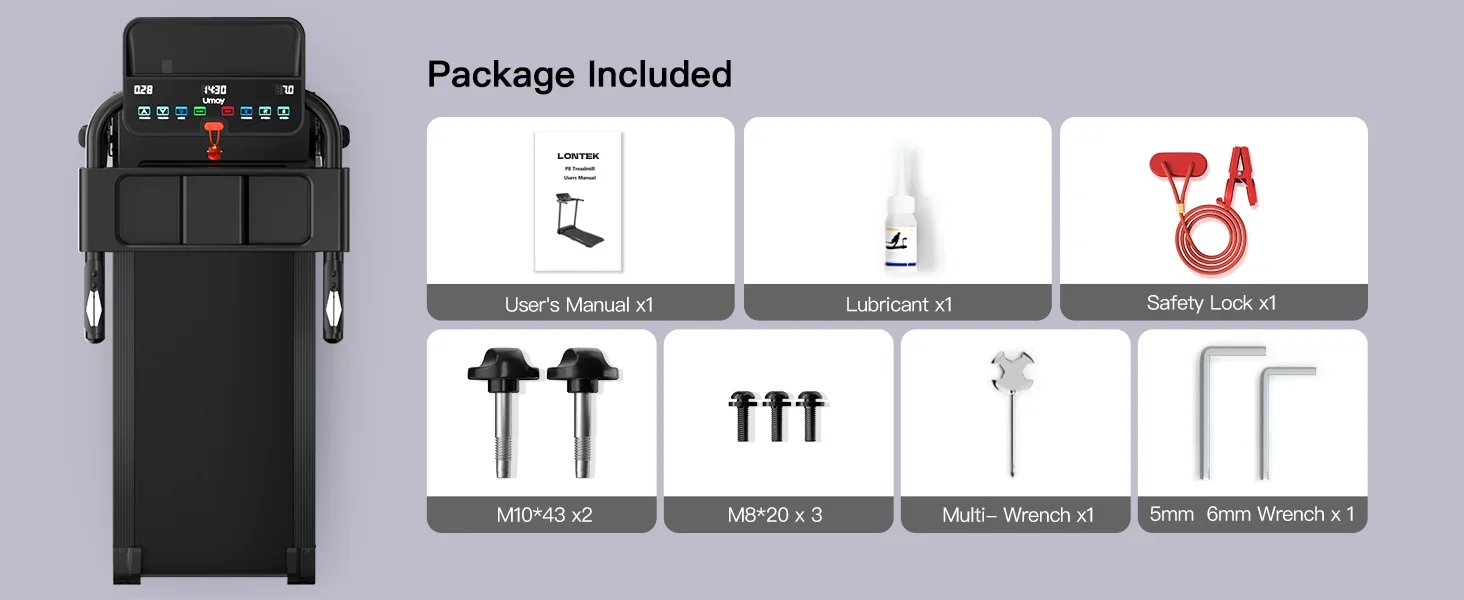 LONTEK running machine package include manual lubricant safety fastenerskey wrenchs 
