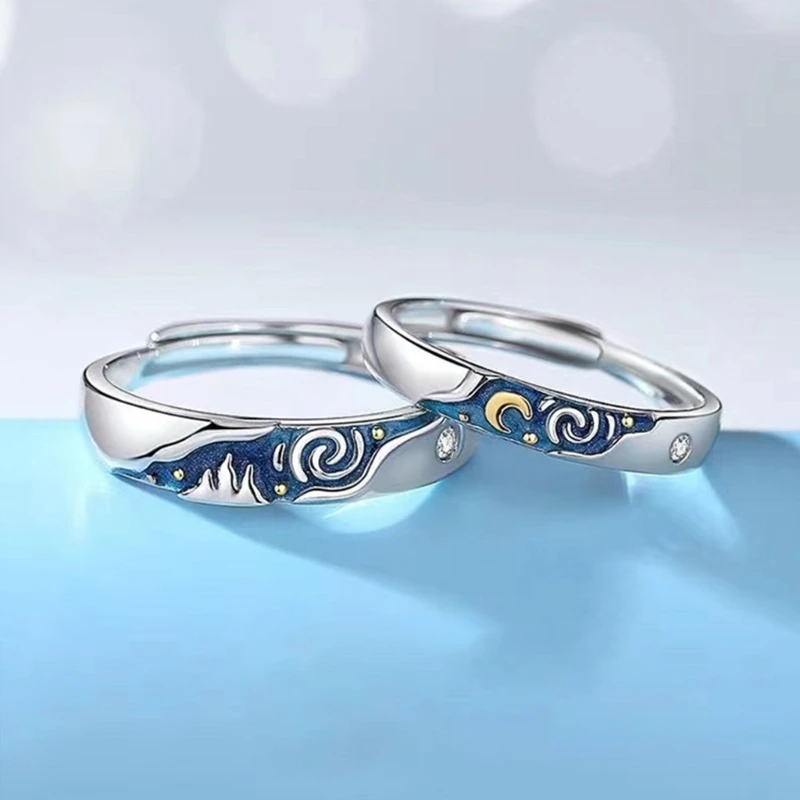 2xMatching Promise Unique Finger Rings Romantics VanGogh Starry Couple Engagement Rings Friendship Jewelry Women 97QE 5