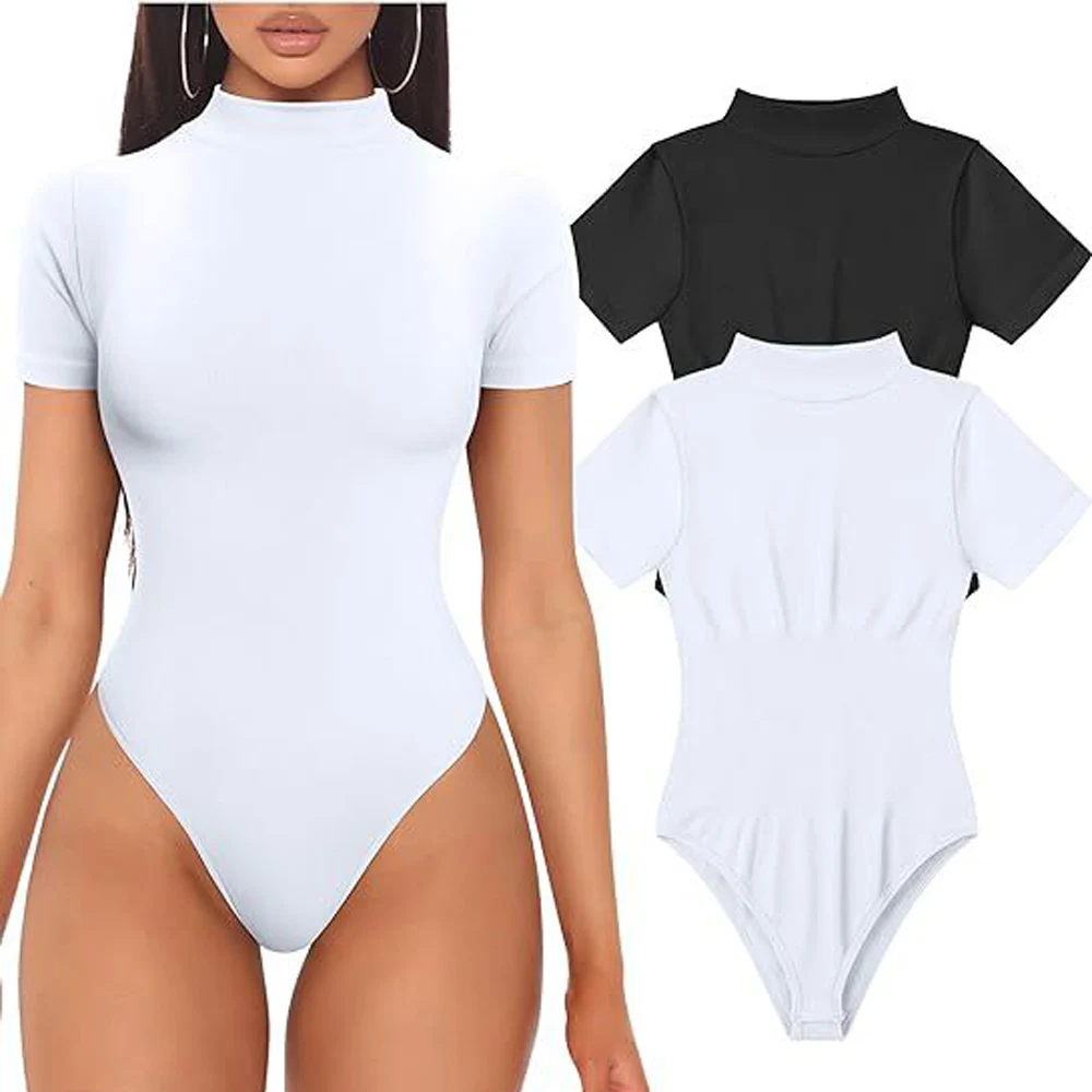 Women Summer Short Sleeve Turtleneck Bodysuit
